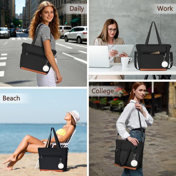 Women Black Multi-Pocket Waterproof Travel Canvas Tote Bags with Zipper - Picture 6 of 6